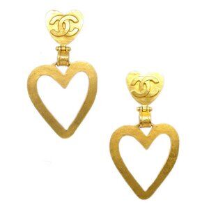 Chanel Heart Dangle Hoop Earrings Gold Clip-On 95P